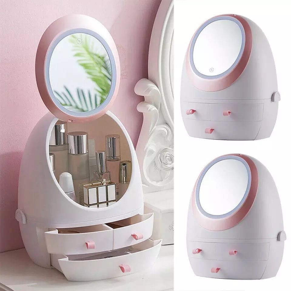 Oval Mirror Cosmetic Storage Organizer, LED Light Makeup Storage Box, Portable Creative Makeup Organizer, Modern Jewelry And Cosmetic Display Case With Led Lighted Mirror Oval Mirror Cosmetic Storage Organizer, LED Light Makeup Storage Box, Portable Creative Makeup Organizer, Modern Jewelry And Cosmetic Display Case With Led Lighted Mirror